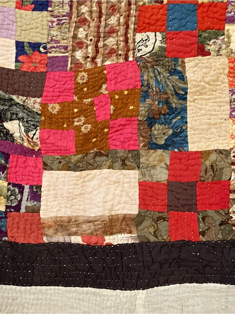 VTG Handmade Hand Quilted 9 Patch Kantha Scrap 60x84 Twin Throw Quilt Farmhouse